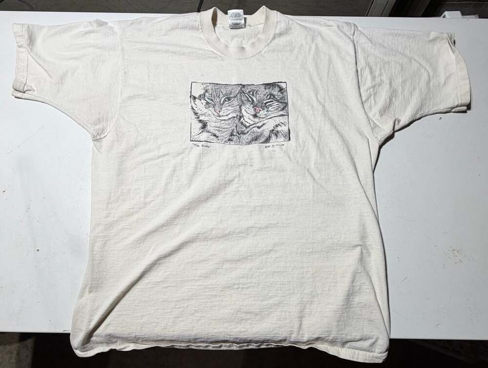 Vintage 1995 JB Muller The Girls Cat Graphic T-Shirt White Fruit of the Loom XL